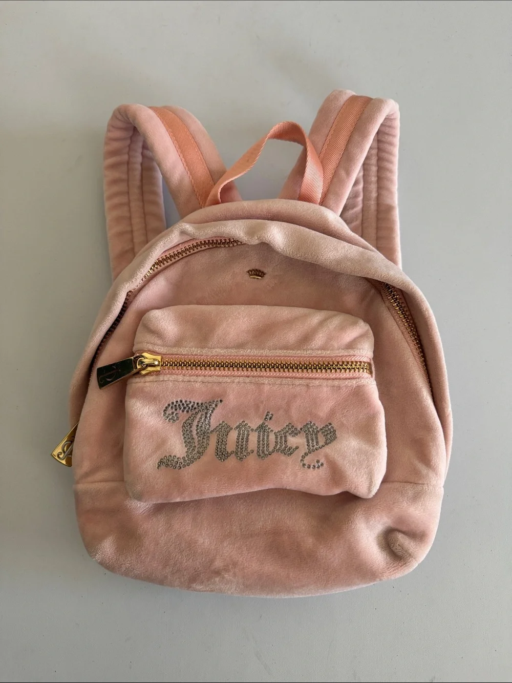 Juicy Couture Blush Pink Velvet Mini Backpack with Rhinestone Logo